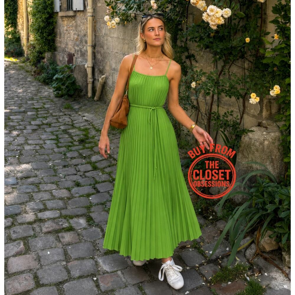 Mango NWT Lime Green Pleated Midi Dress Bow Belt 6 8 - Picture 12 of 16